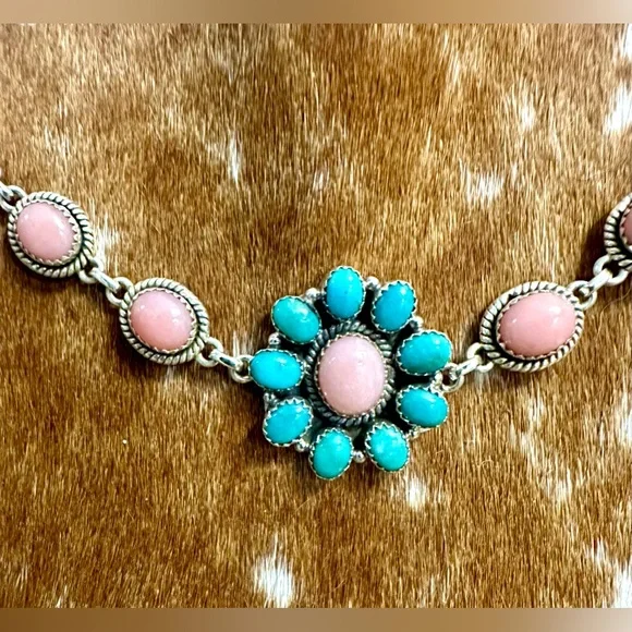 NWT Sterling Silver Pink Opal and Kingman Turquoise Bracelet - Picture 5 of 14